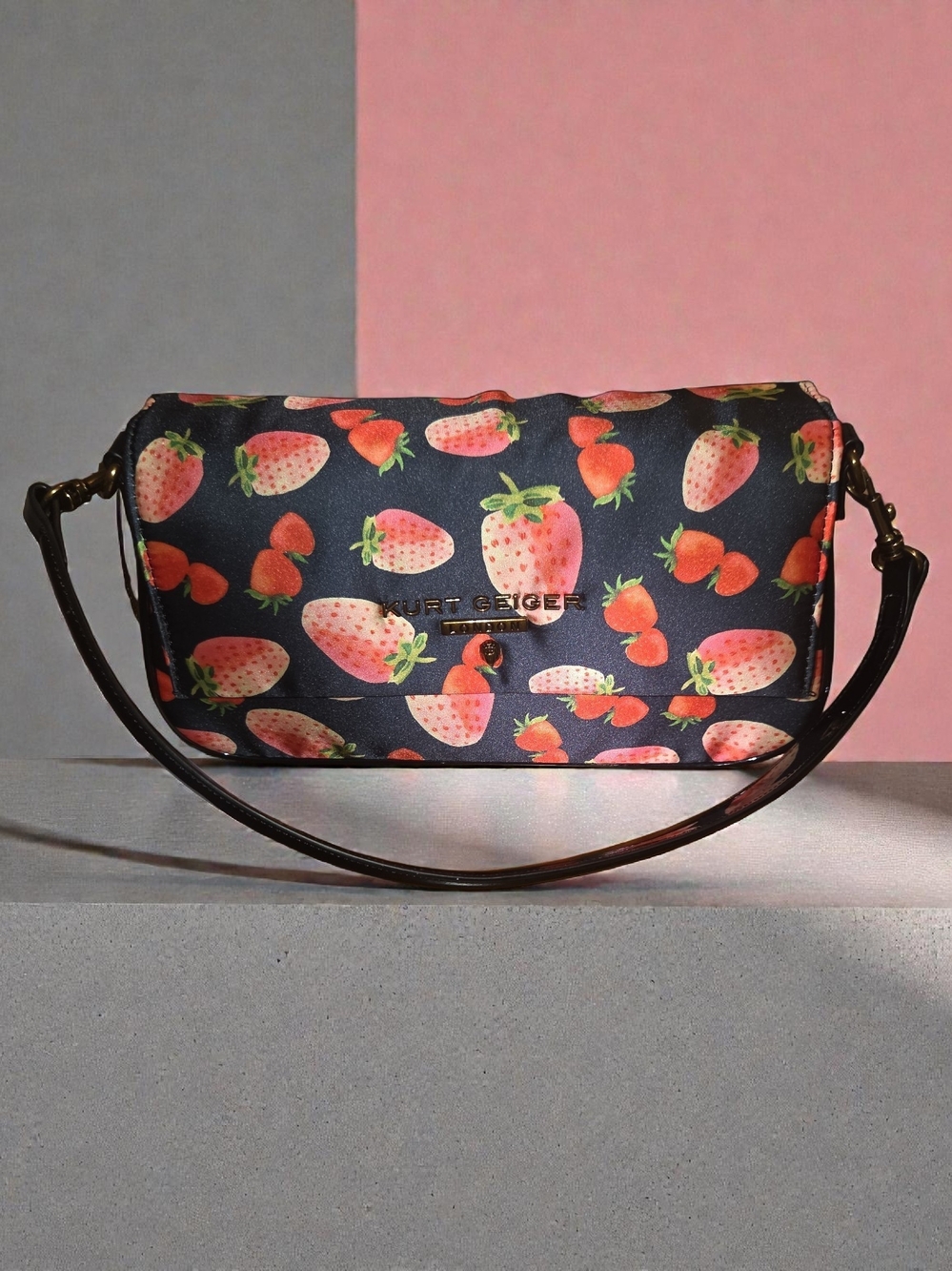 Kurt Geiger LONDON Navy Shoulder Bag with Pink Strawberry Print